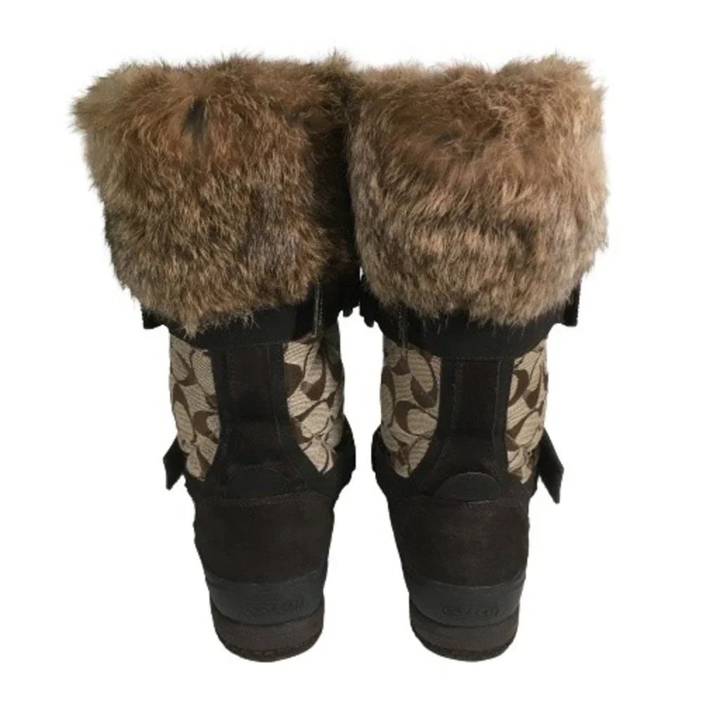 Coach Mariette Winter Snow Boot Sz 6M A7185 Signature Canvas Suede Fur Trim